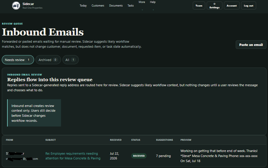 Sidecar Email Intake showing an inbound reply, suggested relationships, and review controls.