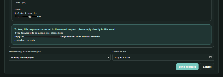 Sidecar request settings showing the waiting party, follow-up date, and send controls.
