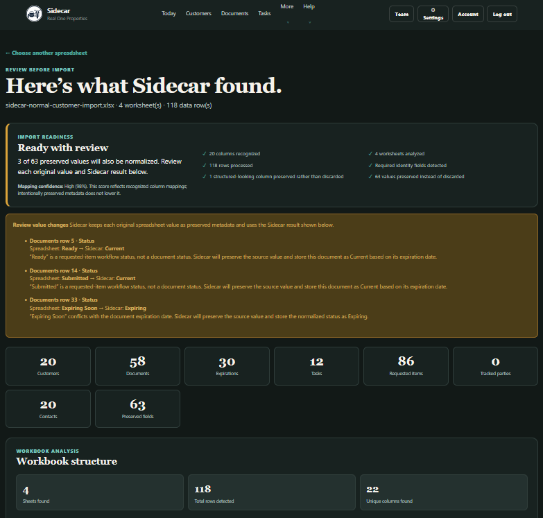 Sidecar Spreadsheet Import tool.