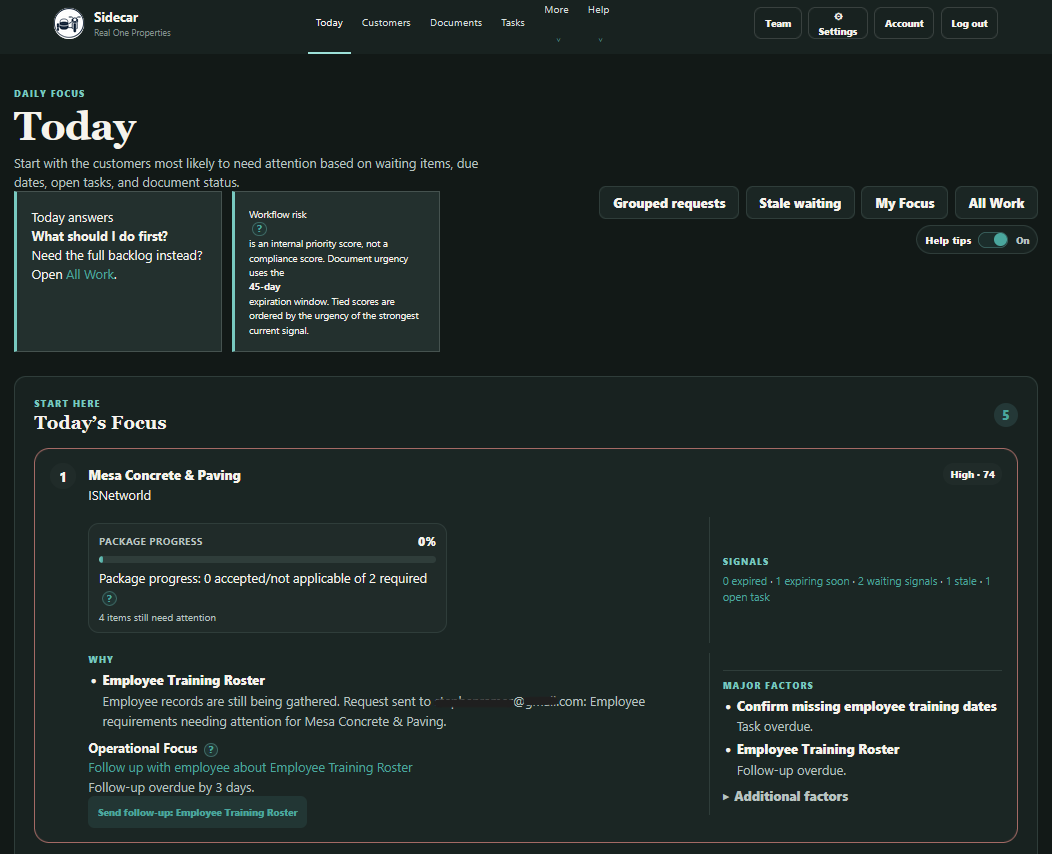 Sidecar Today view showing customer priorities, workflow signals, and Operational Focus.