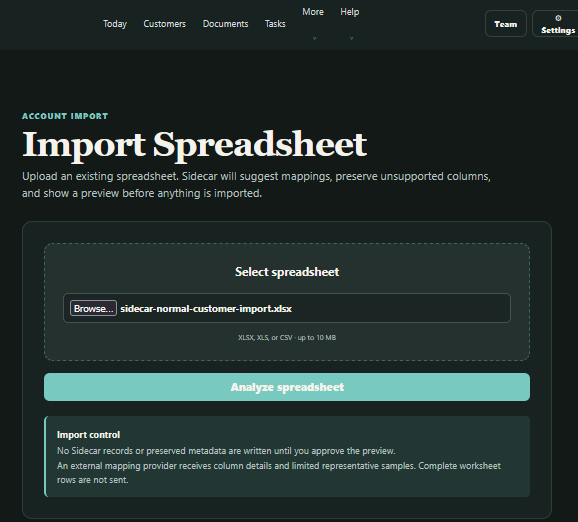 Sidecar spreadsheet import dialog showing a selected workbook and the Analyze spreadsheet button.