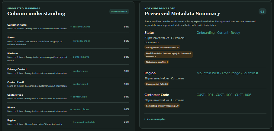 Sidecar showing detailed column mappings beside the preserved metadata summary.